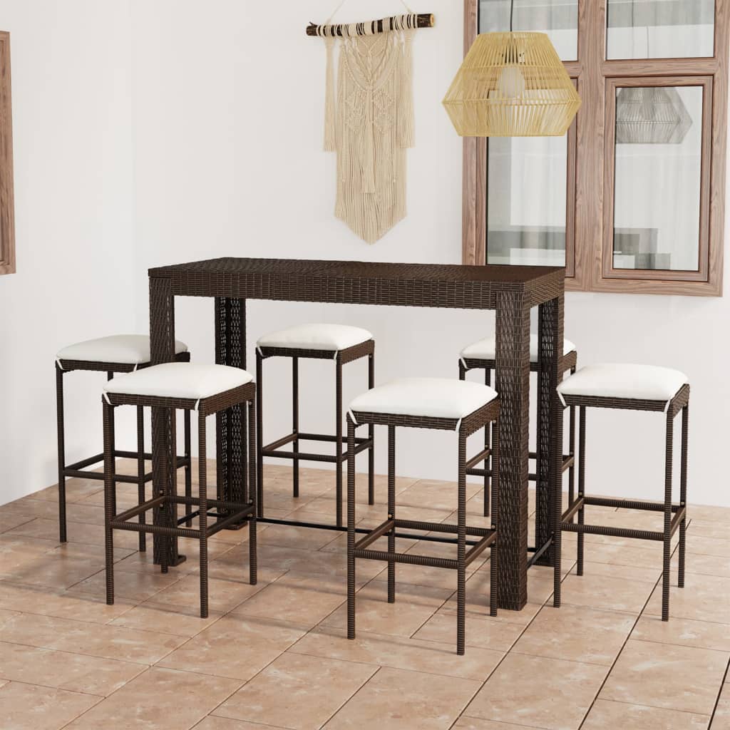 7-teiliges Garten-Bar-Set mit Kissen Poly Rattan Braun