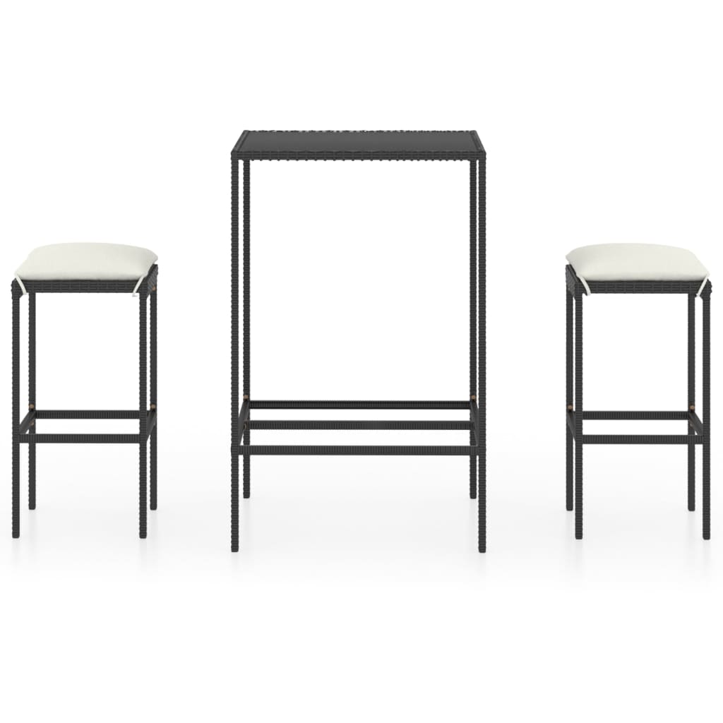 3-teiliges Garten-Bar-Set mit Kissen Poly Rattan Schwarz