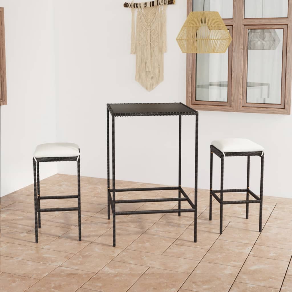 3-teiliges Garten-Bar-Set mit Kissen Poly Rattan Schwarz