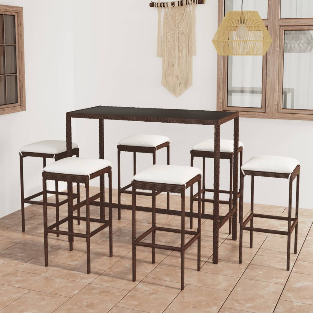 7-teiliges Garten-Bar-Set mit Kissen Poly Rattan Braun