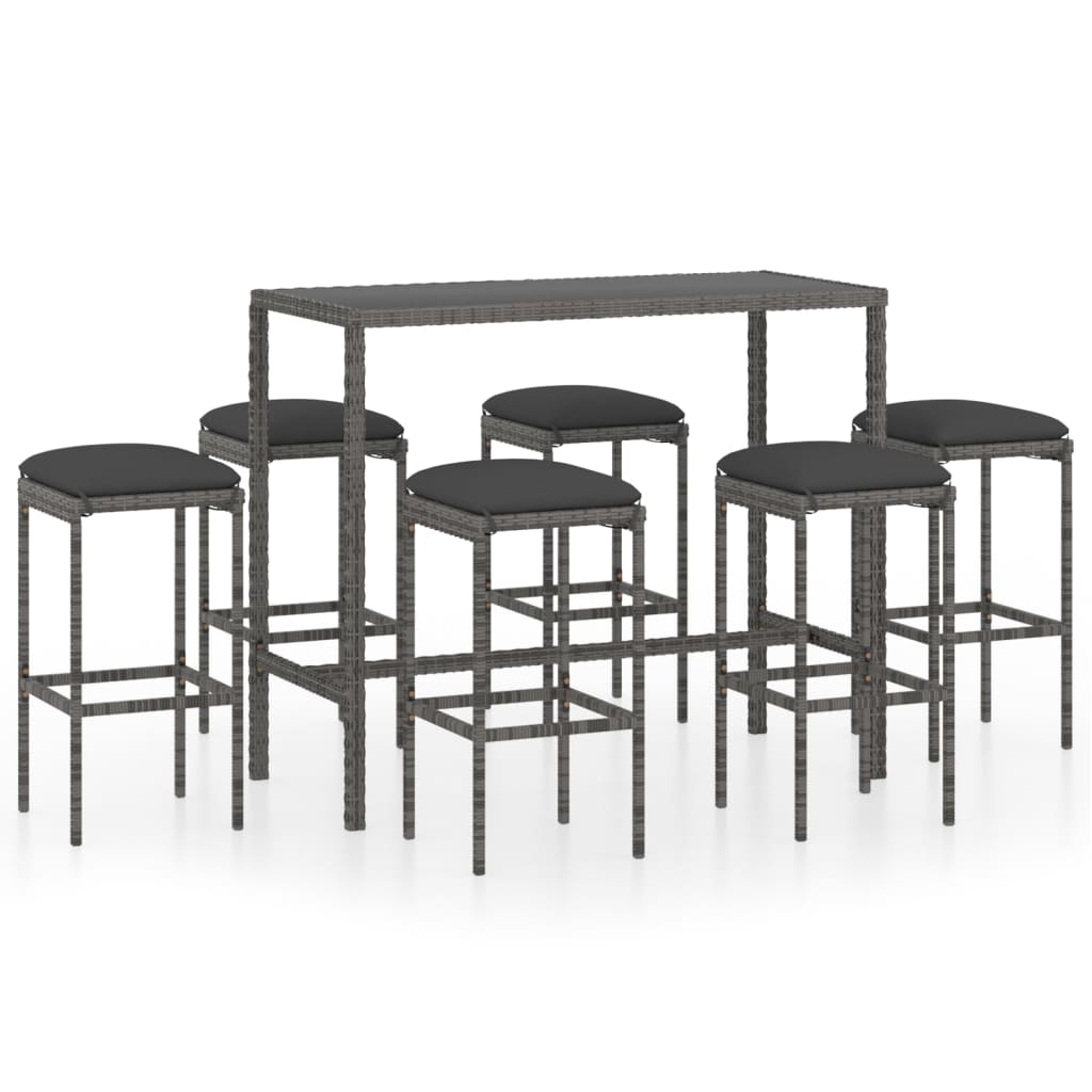 7-teiliges Garten-Bar-Set mit Kissen Poly Rattan Grau