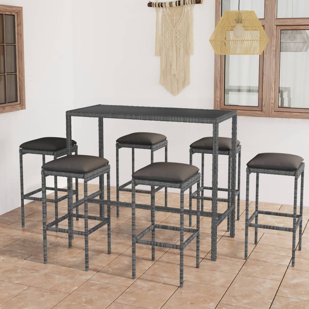 7-teiliges Garten-Bar-Set mit Kissen Poly Rattan Grau