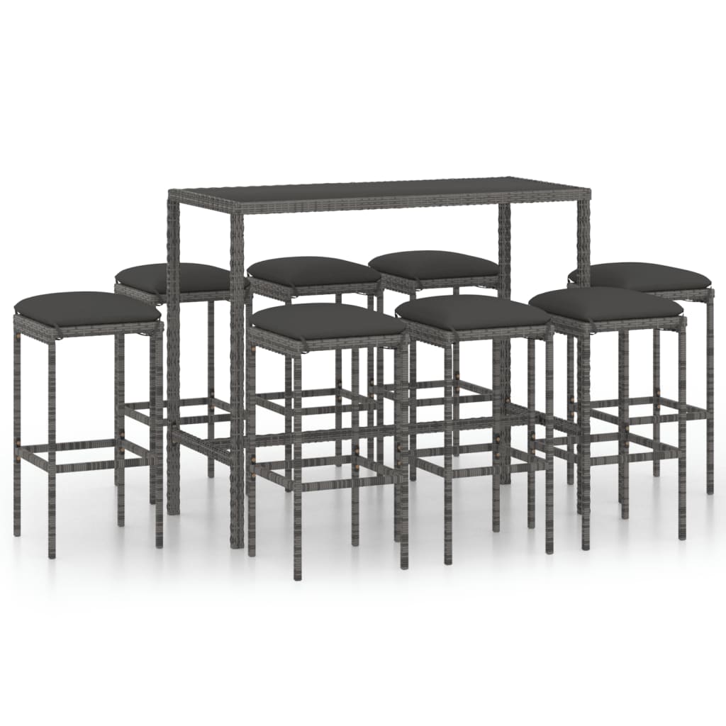 9-teiliges Garten-Bar-Set mit Kissen Poly Rattan Grau