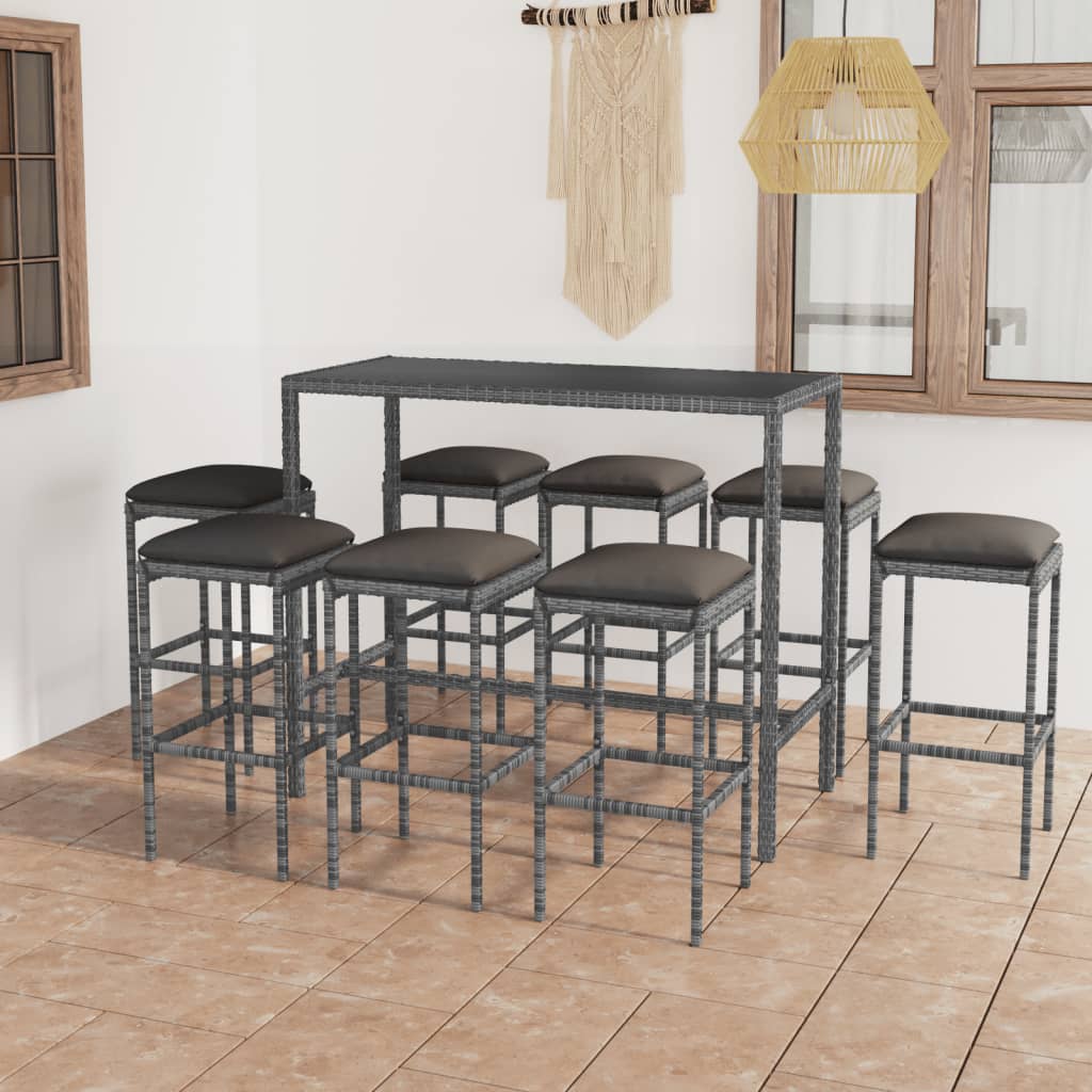 9-teiliges Garten-Bar-Set mit Kissen Poly Rattan Grau