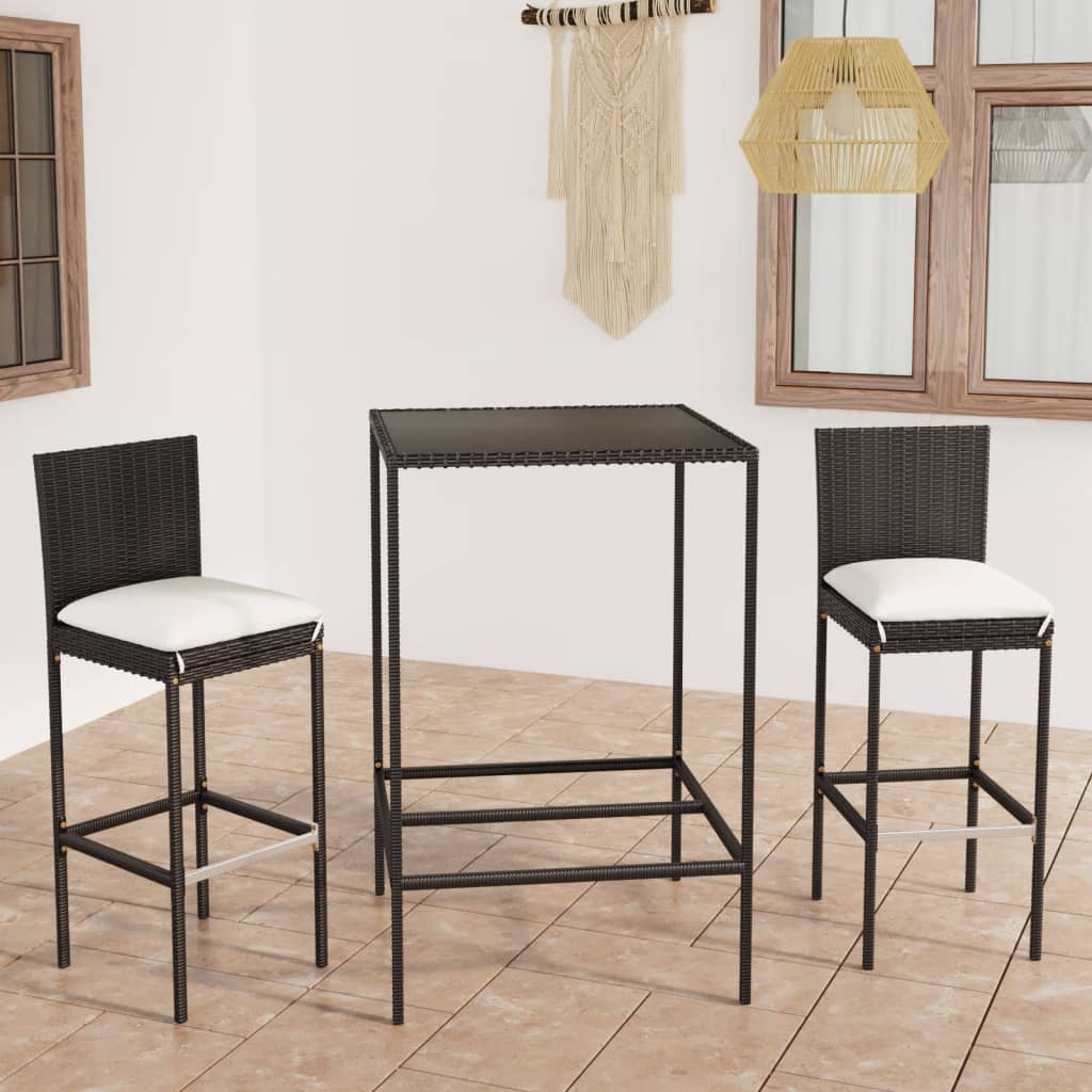 3-teiliges Garten-Bar-Set mit Kissen Poly Rattan Schwarz