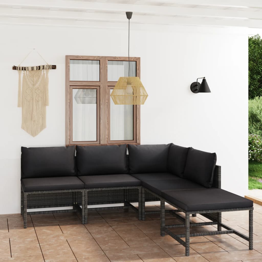 5-Delige Loungeset Met Kussens Poly Rattan Grijs