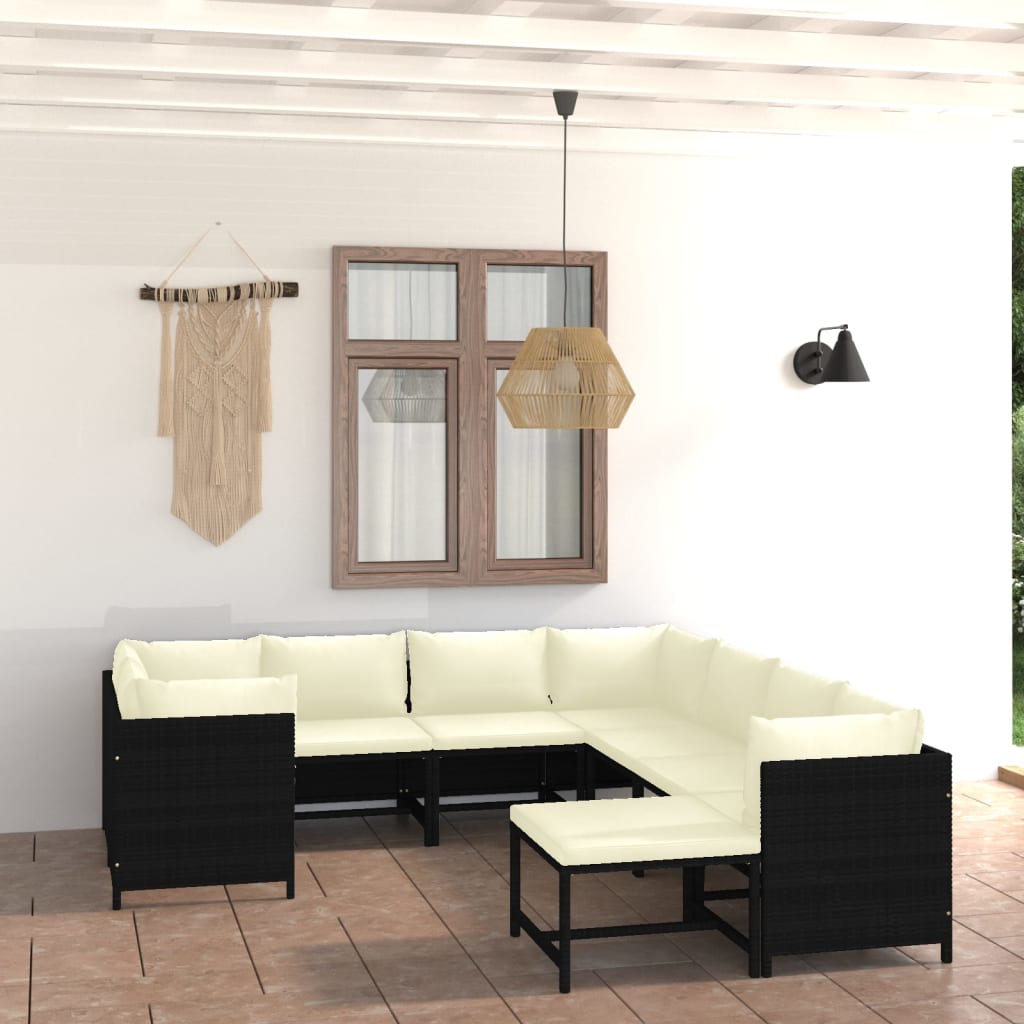 9-Delige Loungeset Met Kussens Poly Rattan Zwart