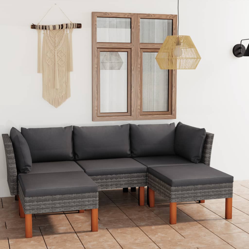 5-Delige Loungeset Met Kussens Poly Rattan Grijs