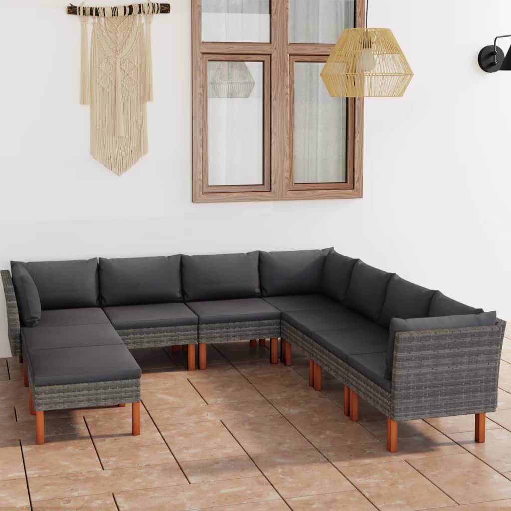 9-Delige Loungeset Met Kussens Poly Rattan Grijs