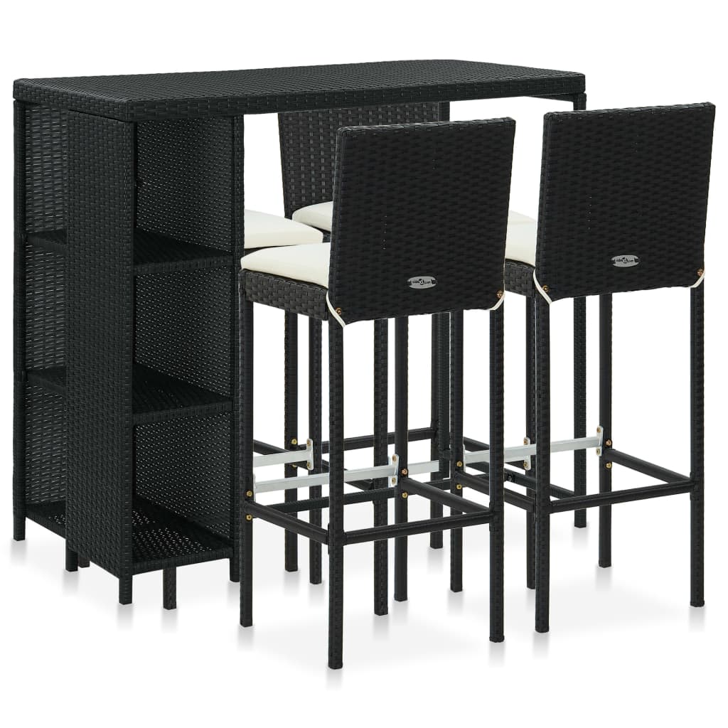 5-teiliges Garten-Bar-Set mit Kissen Poly Rattan Schwarz