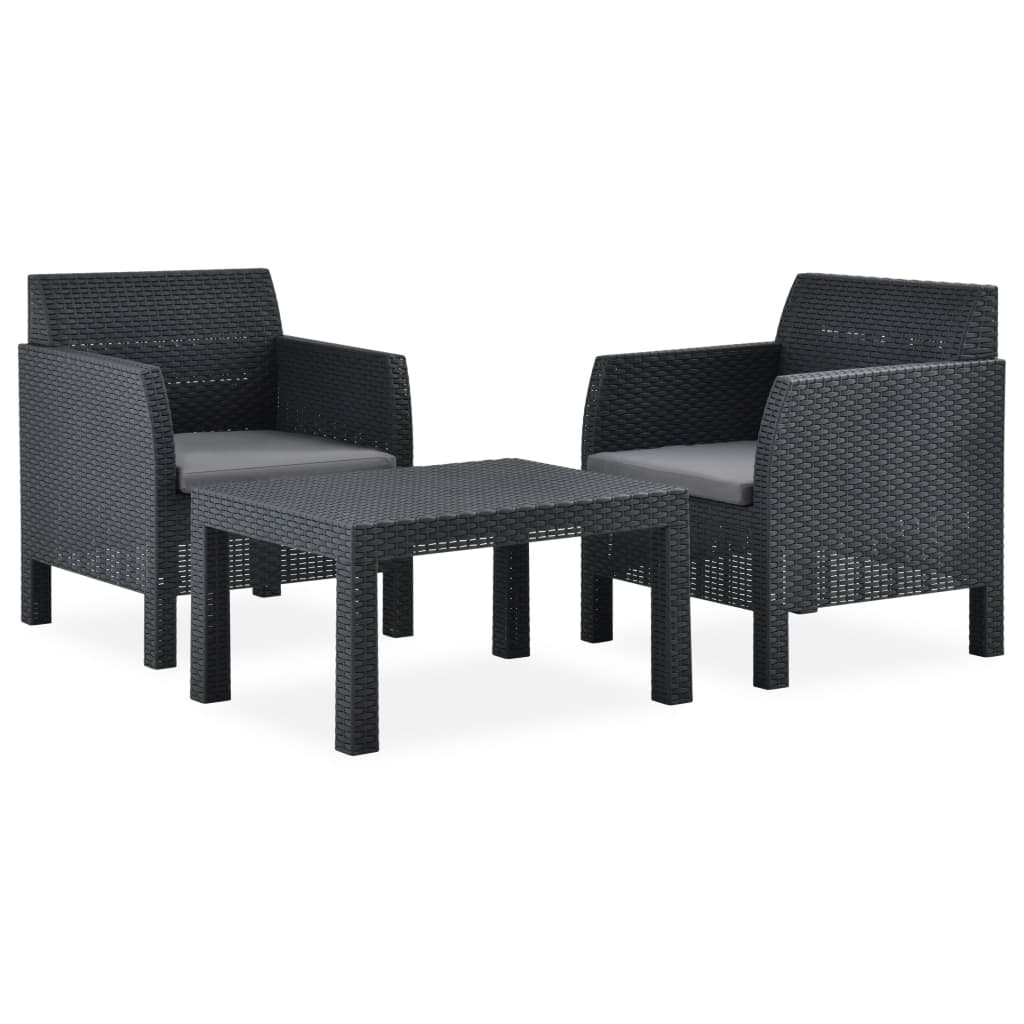 3-teiliges Lounge-Set mit Kissen PP Rattan, Anthrazit