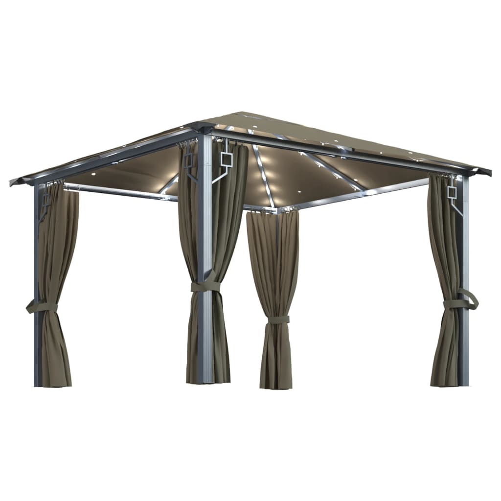 Pavillon mit Vorhang und LED-Lichterkette 3 x 3 m, Aluminium, Taupe