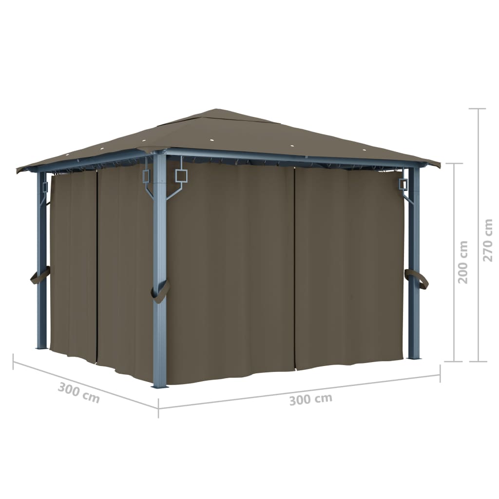 Pavillon mit Vorhang und LED-Lichterkette 3 x 3 m, Aluminium, Taupe