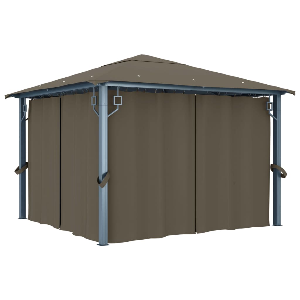 Pavillon mit Vorhang und LED-Lichterkette 3 x 3 m, Aluminium, Taupe