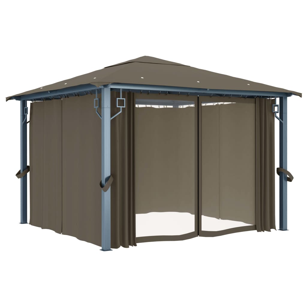 Pavillon mit Vorhang und LED-Lichterkette 3 x 3 m, Aluminium, Taupe