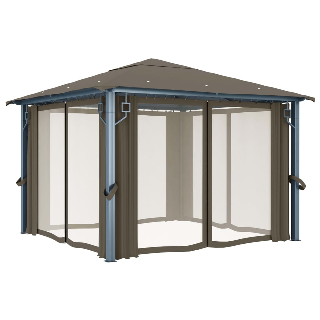 Pavillon mit Vorhang und LED-Lichterkette 3 x 3 m, Aluminium, Taupe