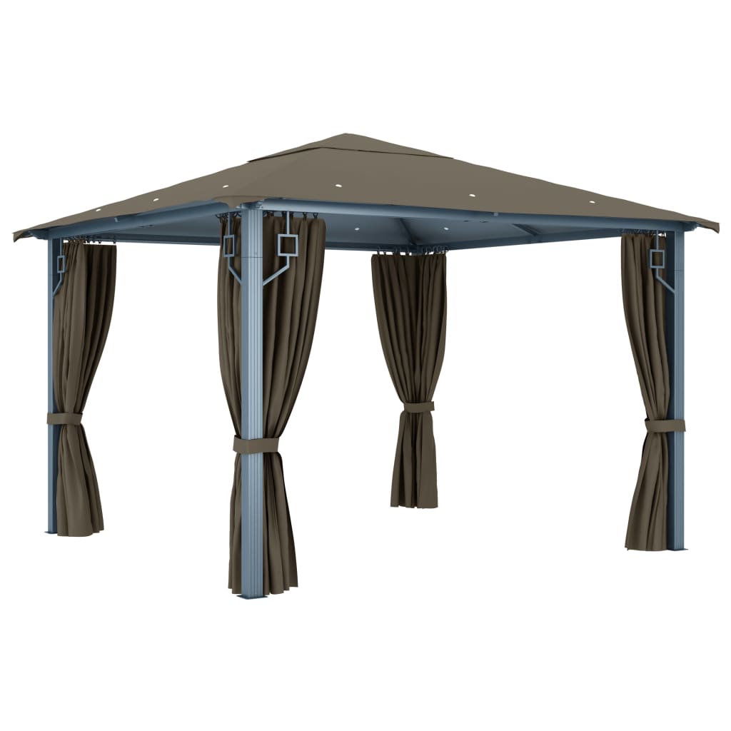 Pavillon mit Vorhang und LED-Lichterkette 3 x 3 m, Aluminium, Taupe