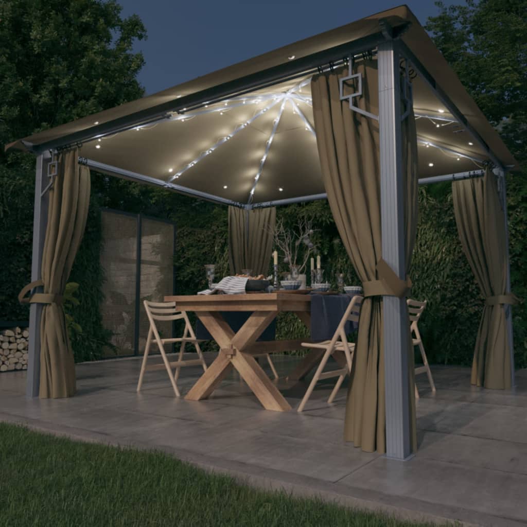 Pavillon mit Vorhang und LED-Lichterkette 3 x 3 m, Aluminium, Taupe