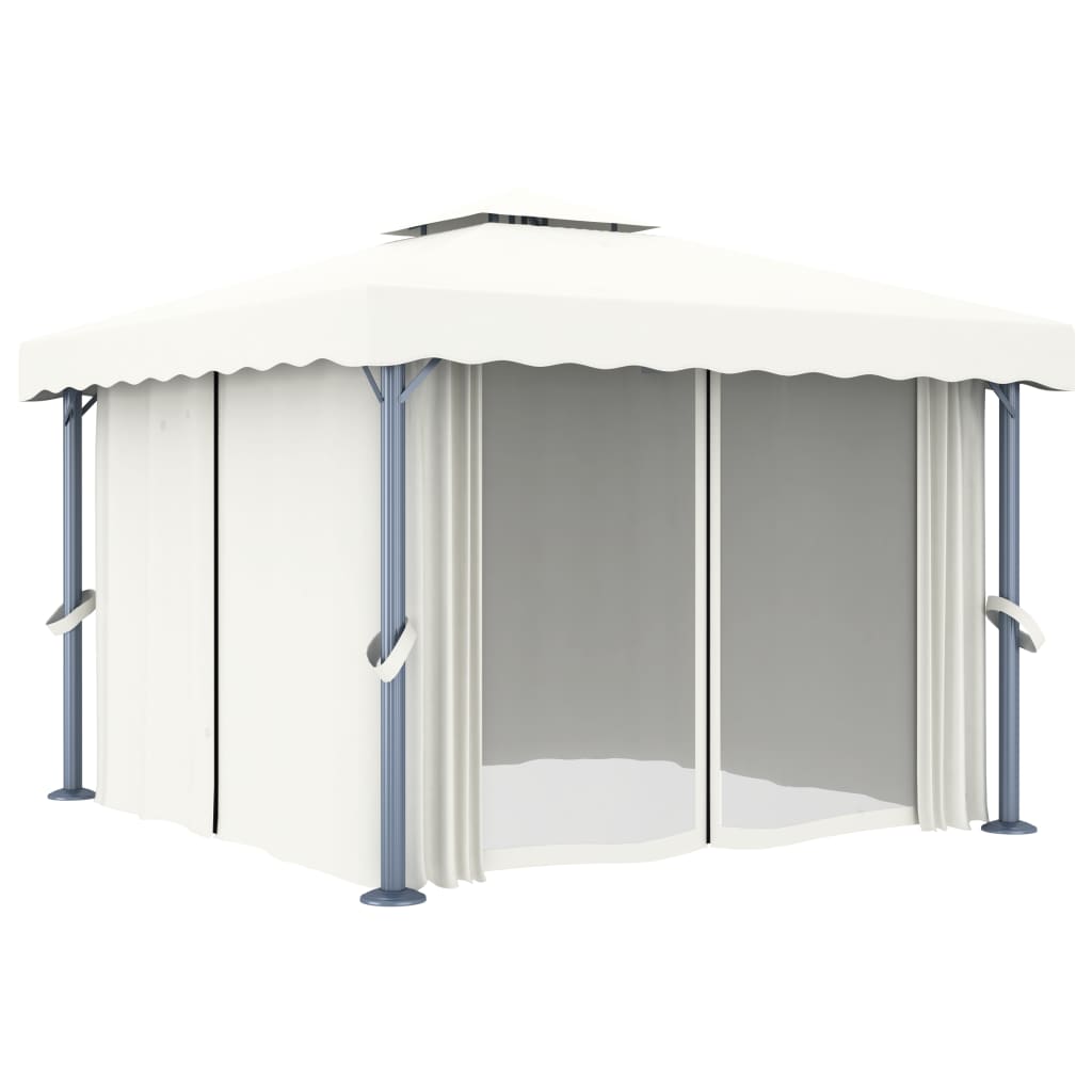 Pavillon mit Vorhang und LED-Lichterkette, 3 x 3 m, cremeweiß