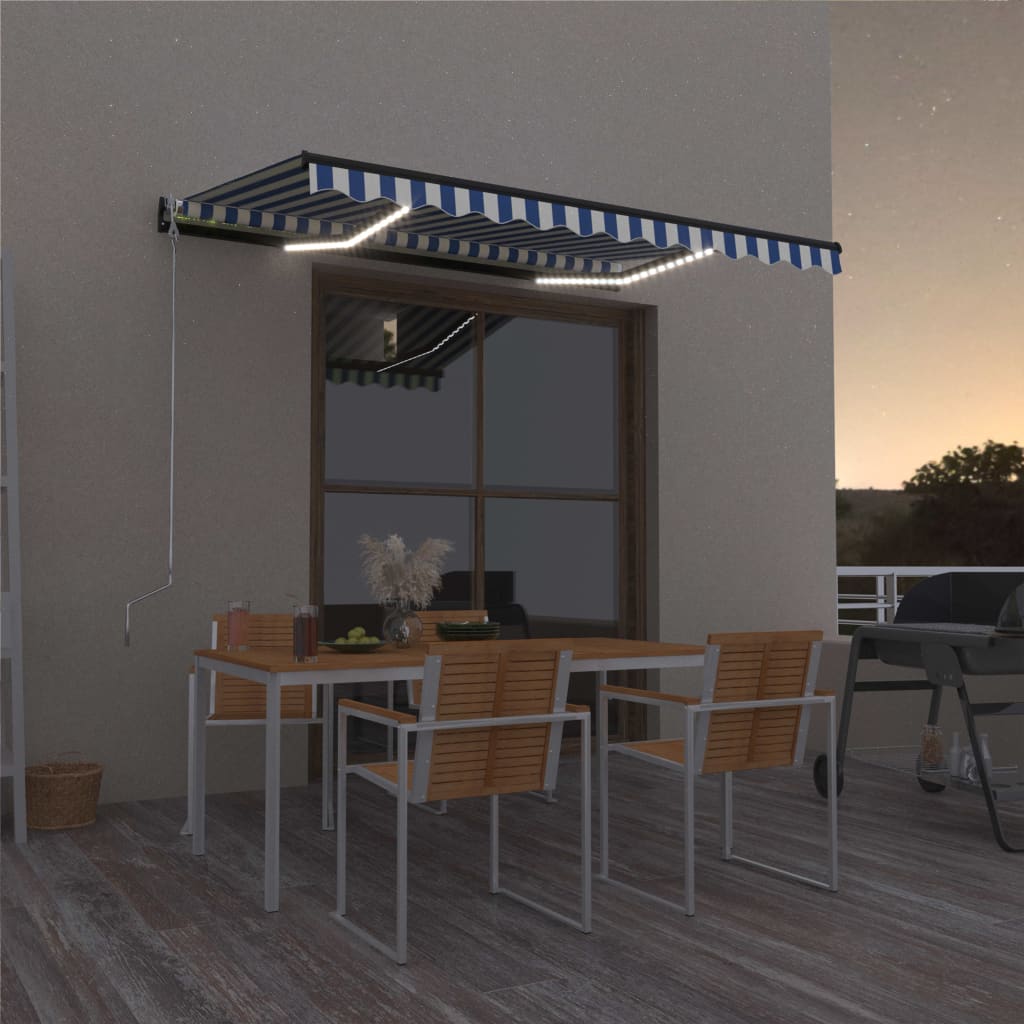 Luifel Handmatig Uittrekbaar Met Led 350X250 Cm Blauw En Wit