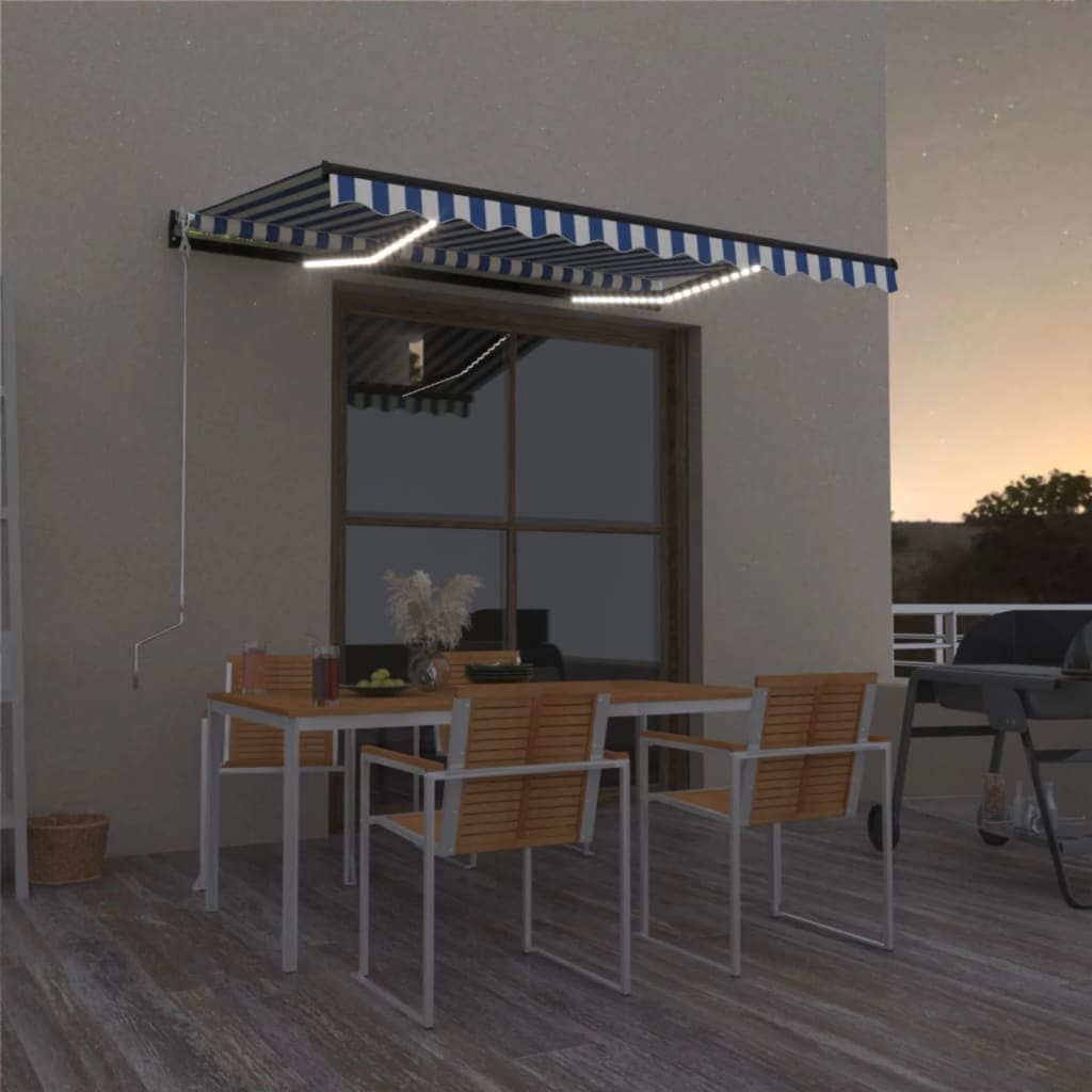 Luifel Handmatig Uittrekbaar Met Led 400X300 Cm Blauw En Wit