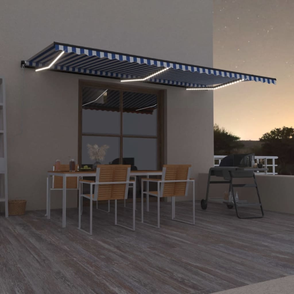 Luifel Handmatig Uittrekbaar Met Led 600X300 Cm Blauw En Wit