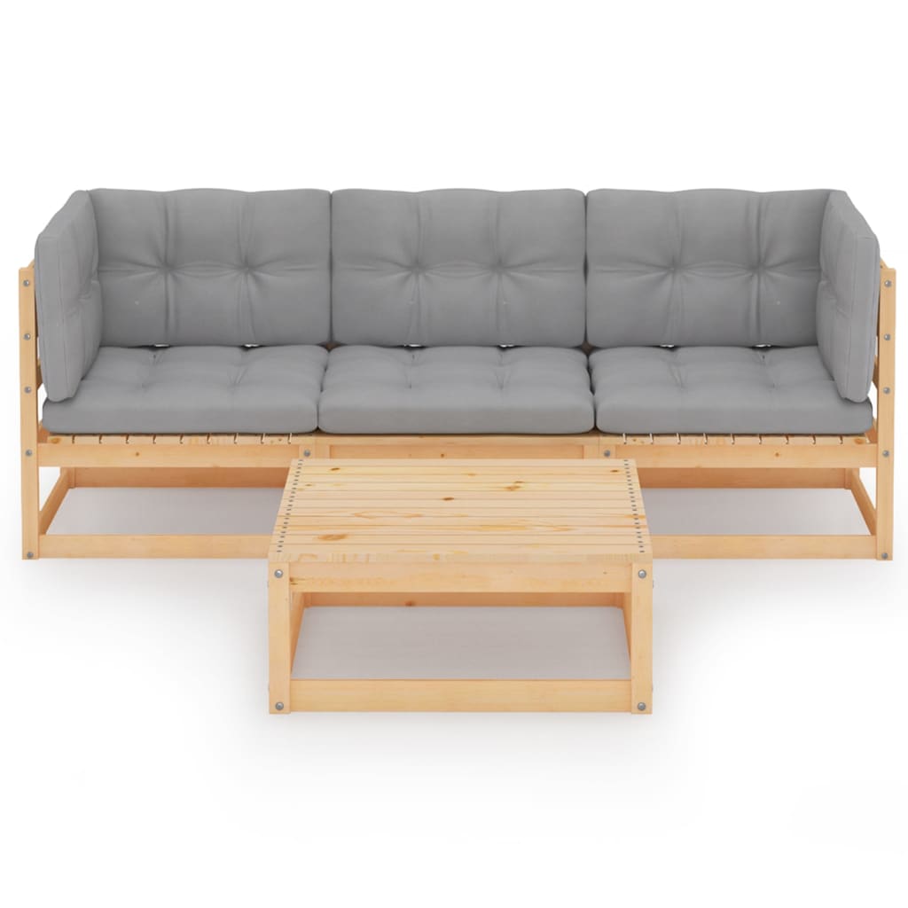 4-teiliges Lounge-Set mit Kissen aus massivem Kiefernholz