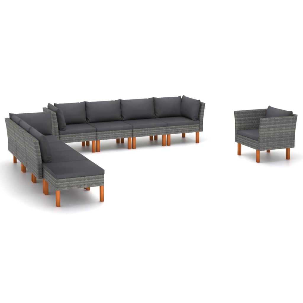 9-Delige Loungeset Poly Rattan En Eucalyptushout Grijs