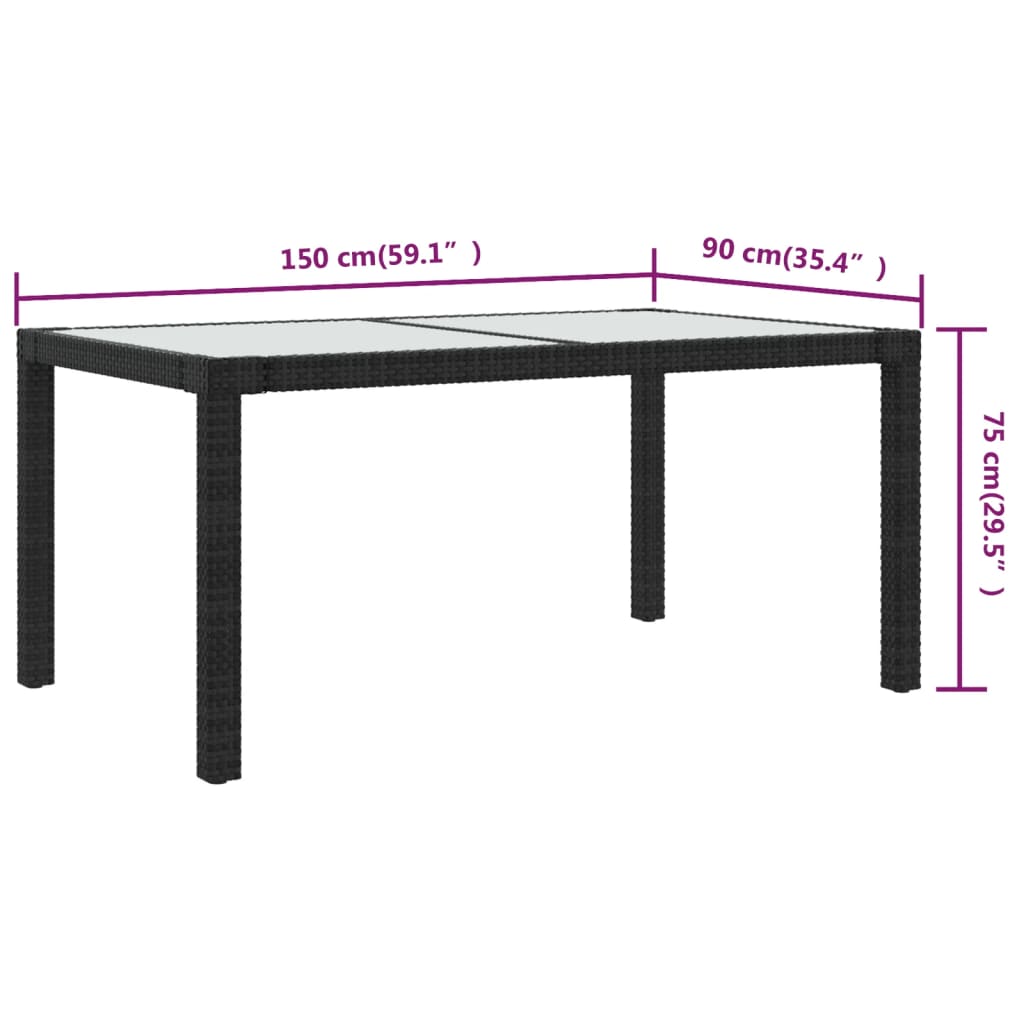 Tuintafel 150X90X75 Cm Gehard Glas En Poly Rattan Zwart