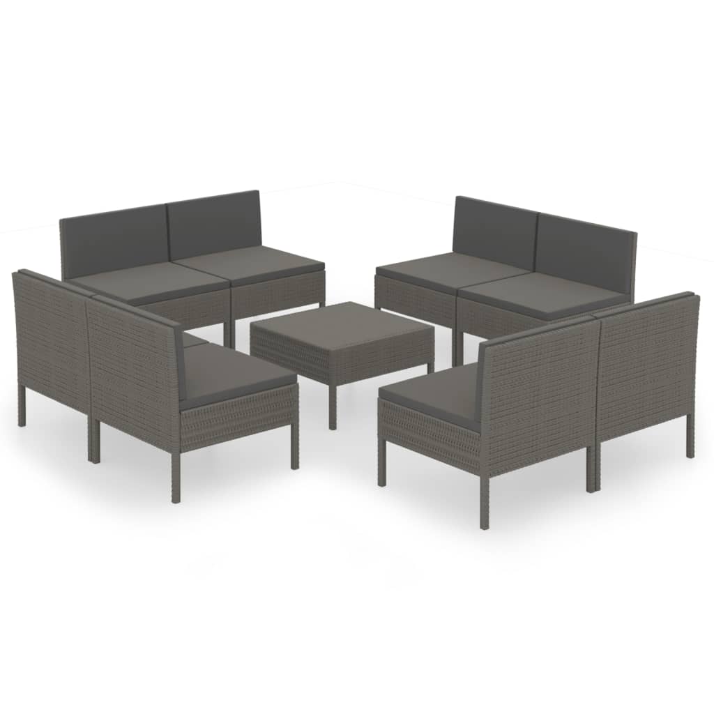 9-Delige Loungeset Met Kussens Poly Rattan Grijs