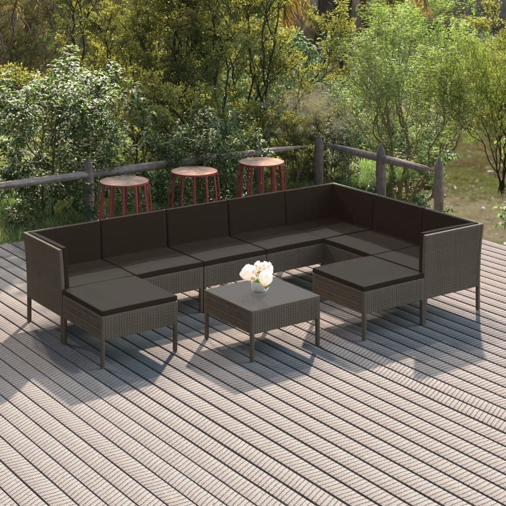 10-Delige Loungeset Met Kussens Poly Rattan Grijs