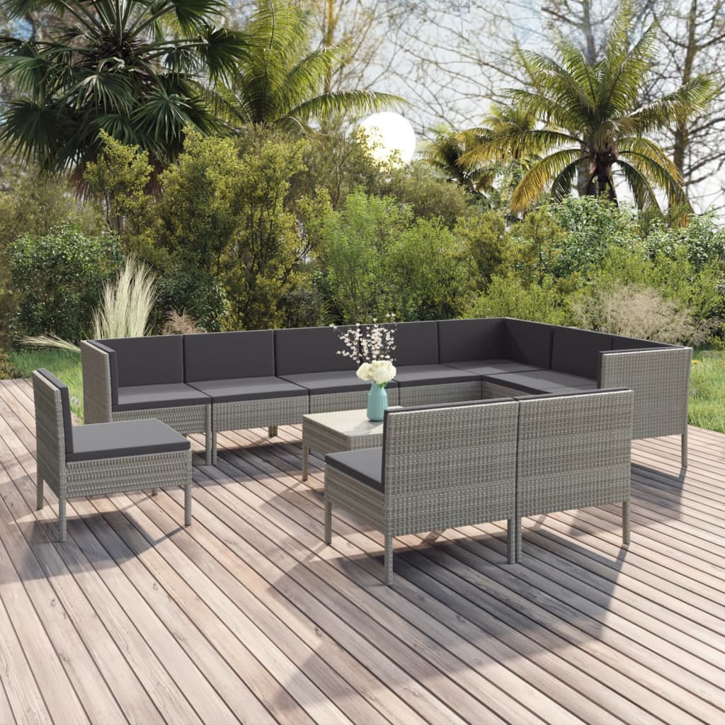 11-teiliges Lounge-Set mit Kissen Polyrattan grau