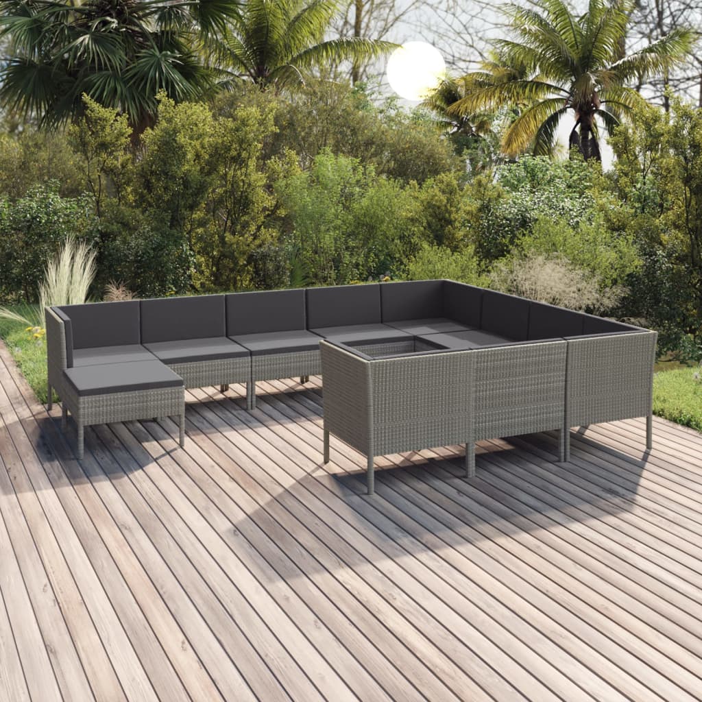 11-Delige Loungeset Met Kussens Poly Rattan Grijs