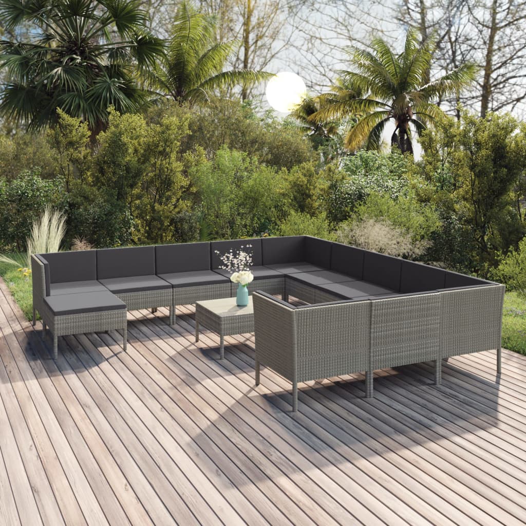 13-teiliges Lounge-Set mit Kissen Poly Rattan Grau