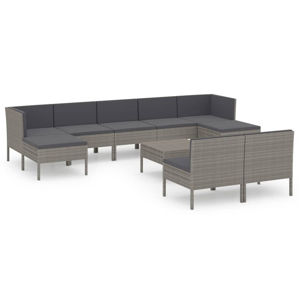 10-Delige Loungeset Met Kussens Poly Rattan Grijs