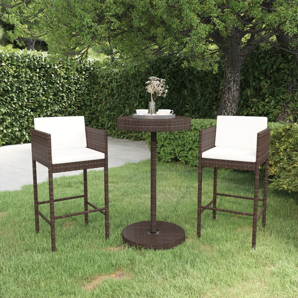 3-teiliges Garten-Bar-Set mit Kissen Poly Rattan Braun