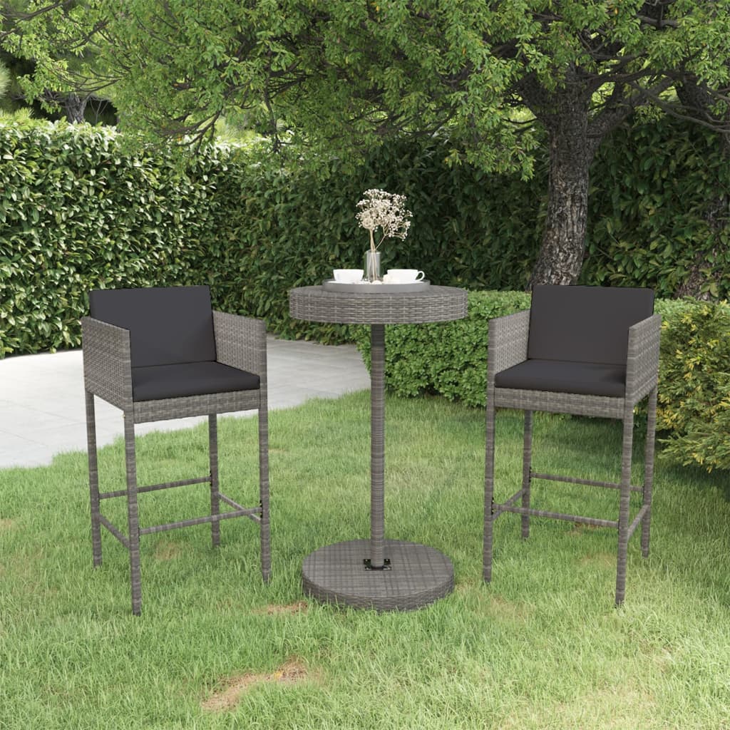 3-teiliges Garten-Bar-Set mit Kissen Poly Rattan Grau