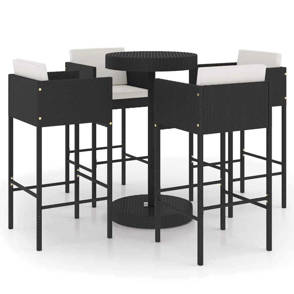 5-teiliges Garten-Bar-Set mit Kissen Poly Rattan Schwarz