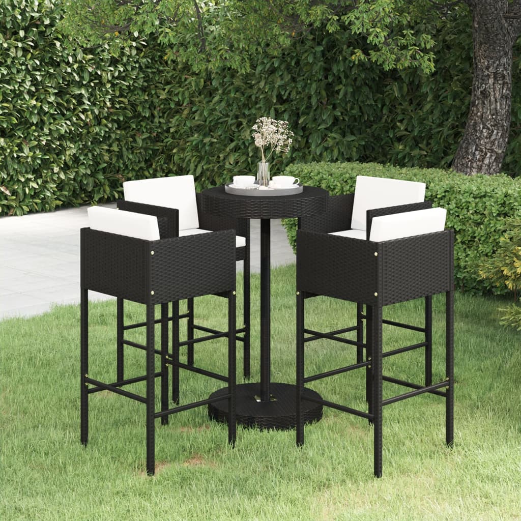 5-teiliges Garten-Bar-Set mit Kissen Poly Rattan Schwarz