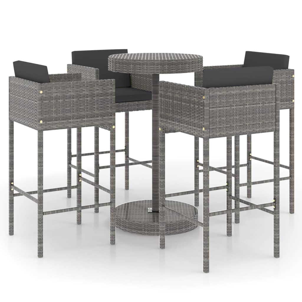 5-teiliges Garten-Bar-Set mit Kissen Poly Rattan Grau