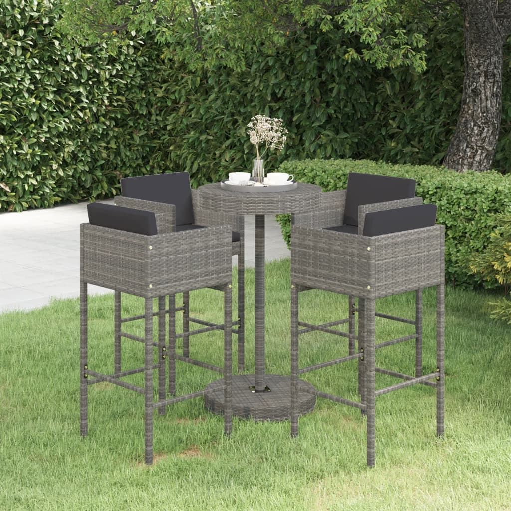 5-teiliges Garten-Bar-Set mit Kissen Poly Rattan Grau
