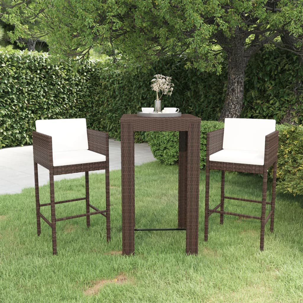 3-teiliges Garten-Bar-Set mit Kissen Poly Rattan Braun