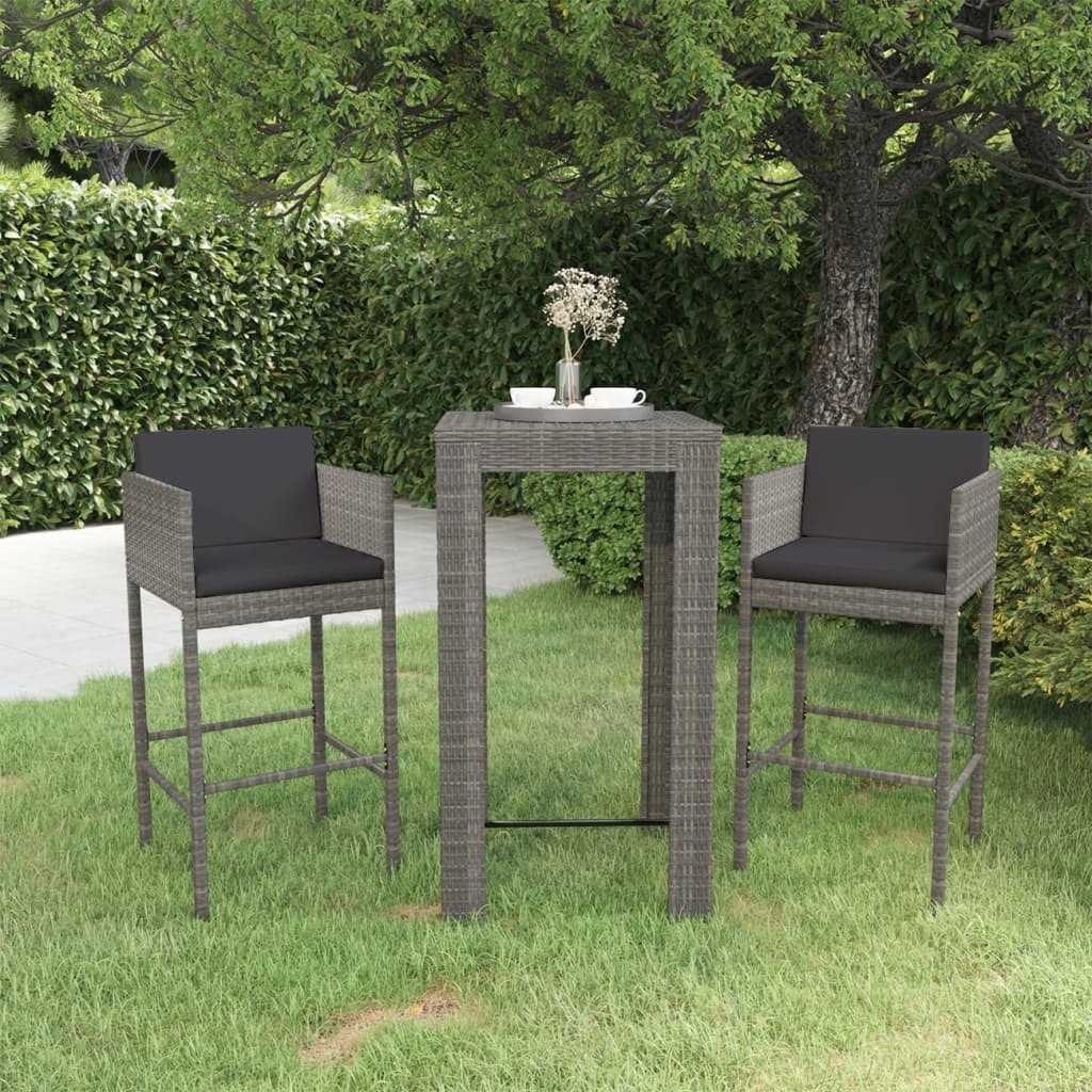 3-teiliges Garten-Bar-Set mit Kissen Poly Rattan Grau