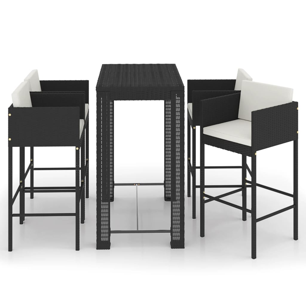 5-teiliges Garten-Bar-Set mit Kissen Poly Rattan Schwarz