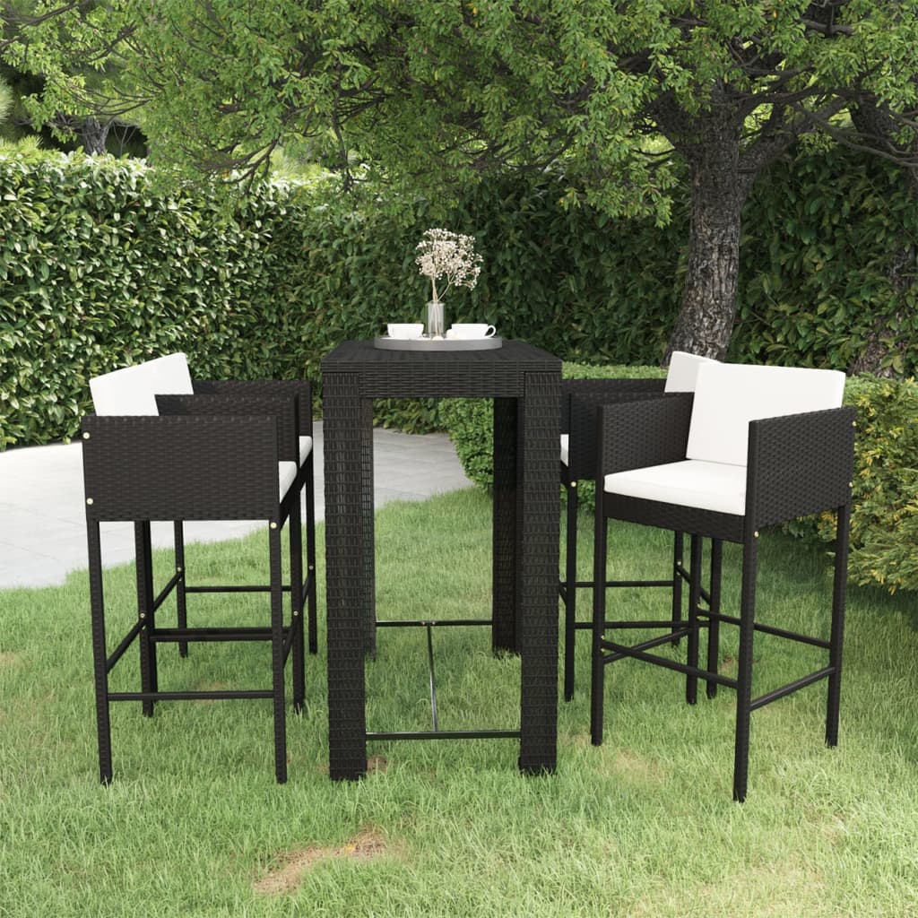5-teiliges Garten-Bar-Set mit Kissen Poly Rattan Schwarz