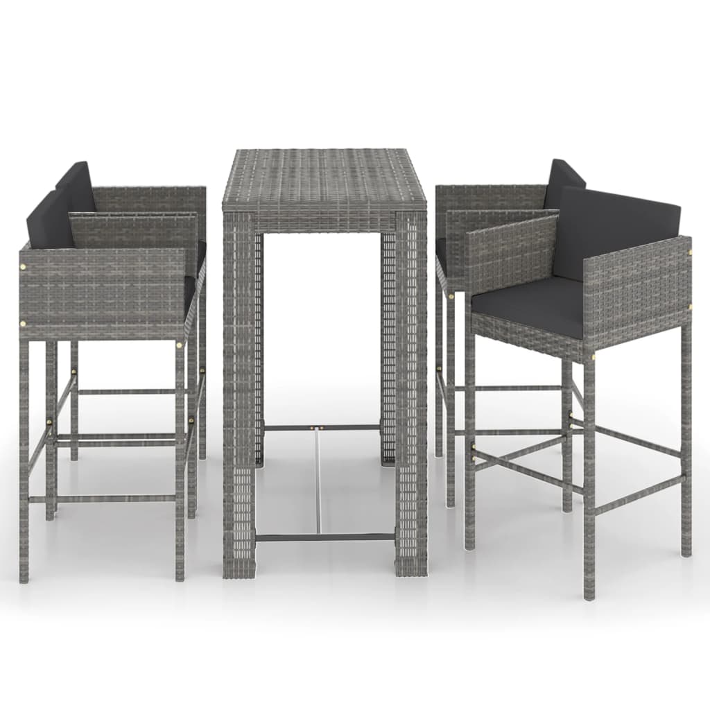 5-teiliges Garten-Bar-Set mit Kissen Poly Rattan Grau