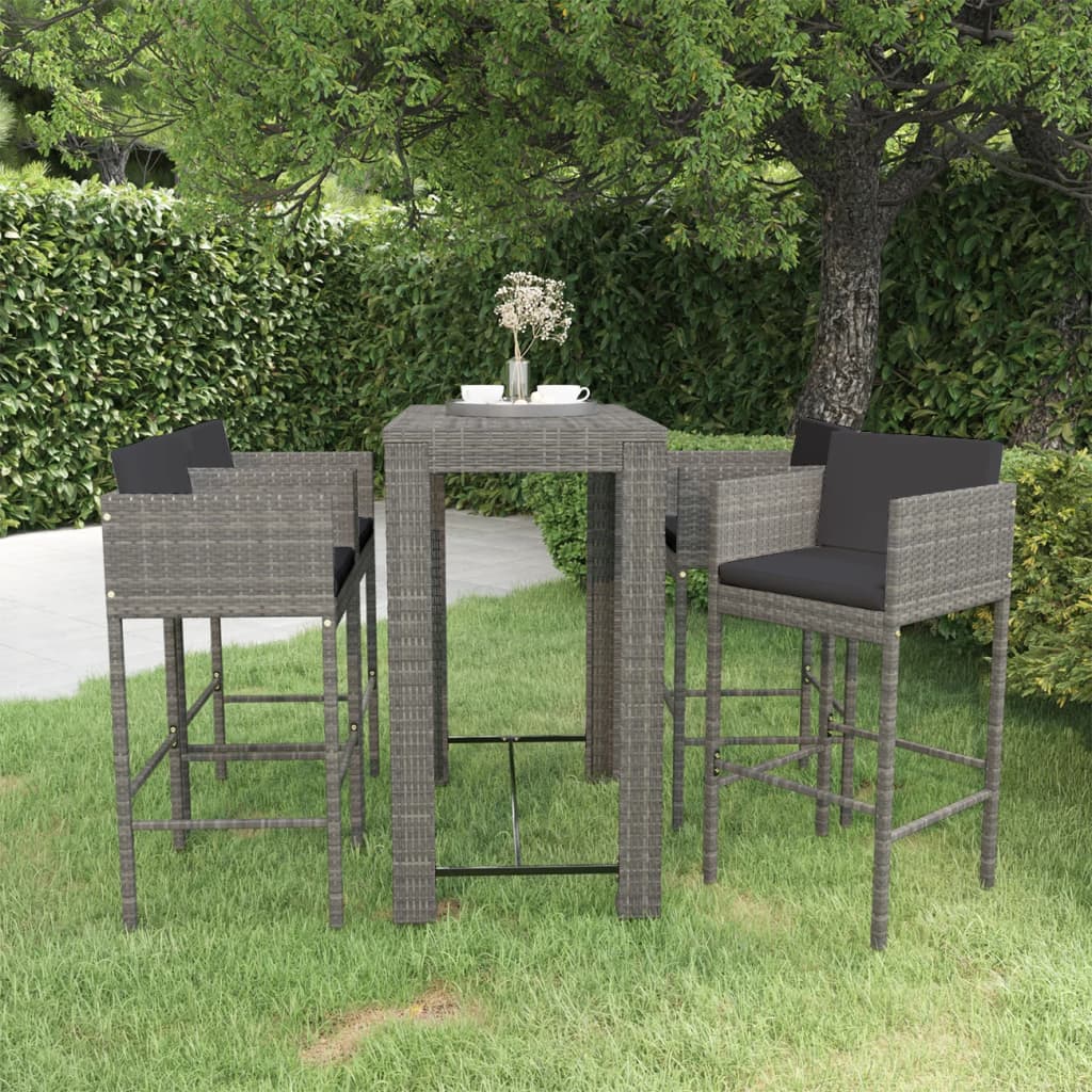 5-teiliges Garten-Bar-Set mit Kissen Poly Rattan Grau