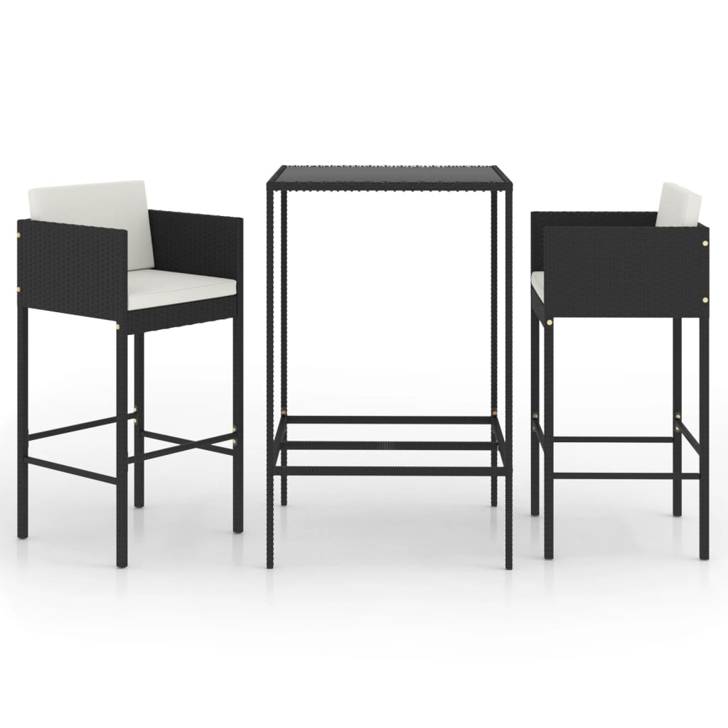 3-teiliges Garten-Bar-Set mit Kissen Poly Rattan Schwarz
