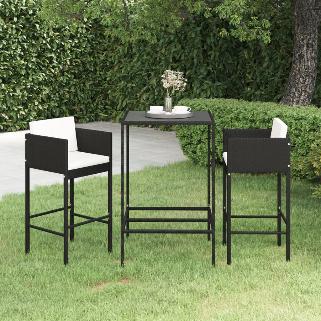 3-teiliges Garten-Bar-Set mit Kissen Poly Rattan Schwarz