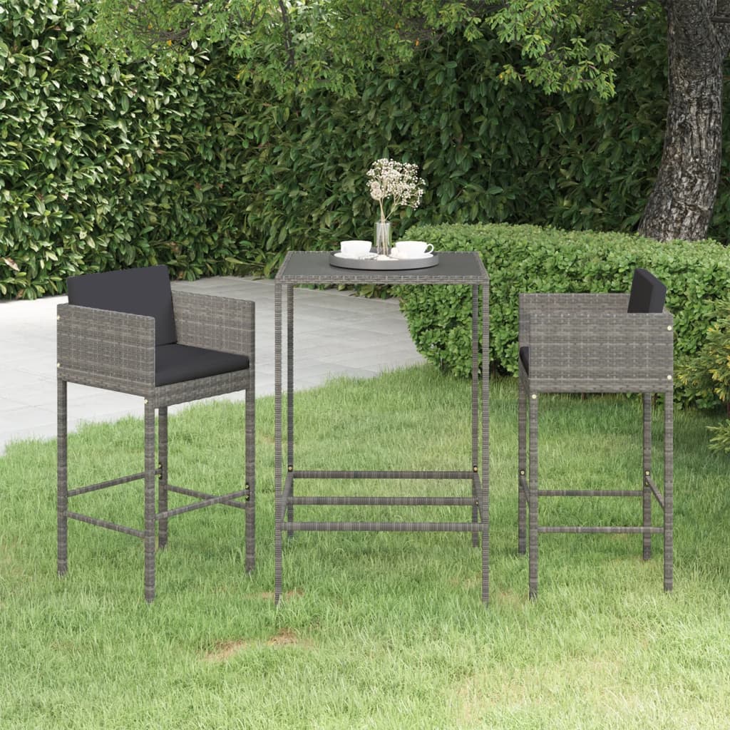 3-teiliges Garten-Bar-Set mit Kissen Poly Rattan Grau